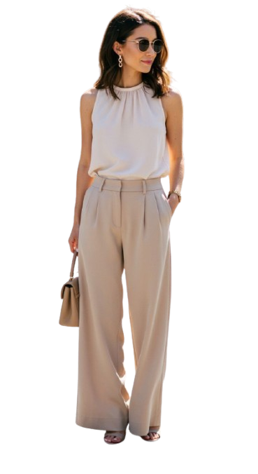 Woman in white top and brown culottes posing on a sunny street.